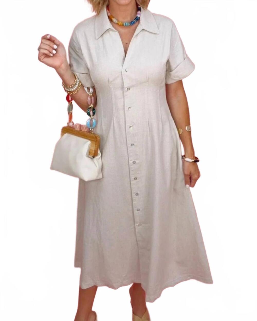 NEW THML short sleeve button down midi dress in beige